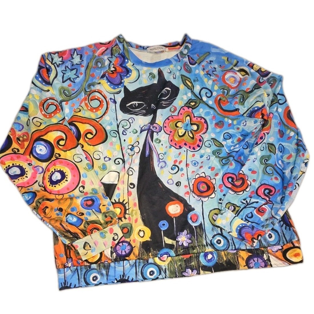 MISSLOOK Blouse Womens 3XL Black Cat Abstract Folk Art Floral Long Sleeve Top